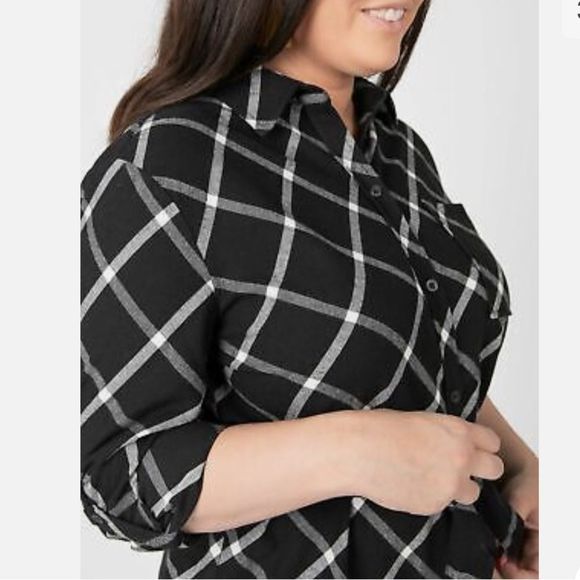 Agnes & Dora black ivory window pane flannel button up tunic top belt size XL - Picture 5 of 11